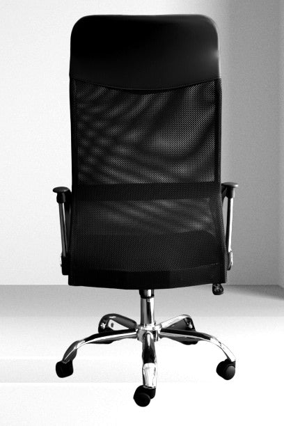 Silla de oficina de tela, apoyo lumbar, cabezal y base cromada