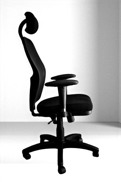 Silla de oficina de tela, apoyo lumbar, cabezal, brazos ajustables y base cromada
