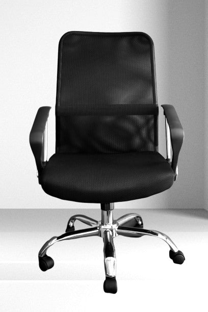 Silla de oficina de tela, apoyo lumbar y base cromada 